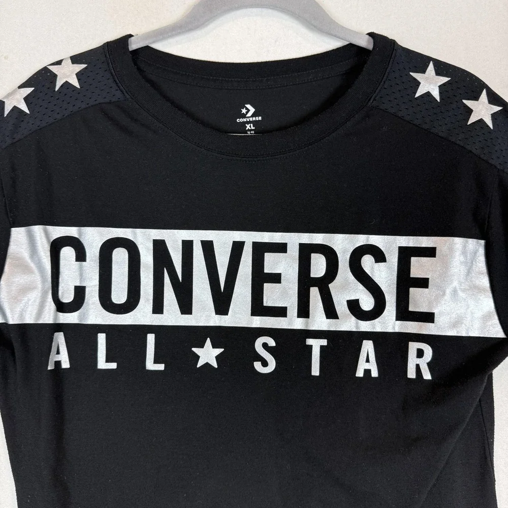 Converse Shirt Kids XL Black Metallic All Star Logo Sleeve Stars Tee Top